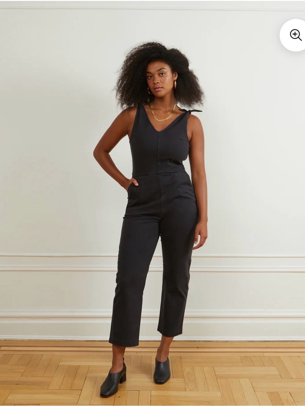 Soft stretchy denim Black Sleeveless Jumpsuit with V-Neck and tie shoulder